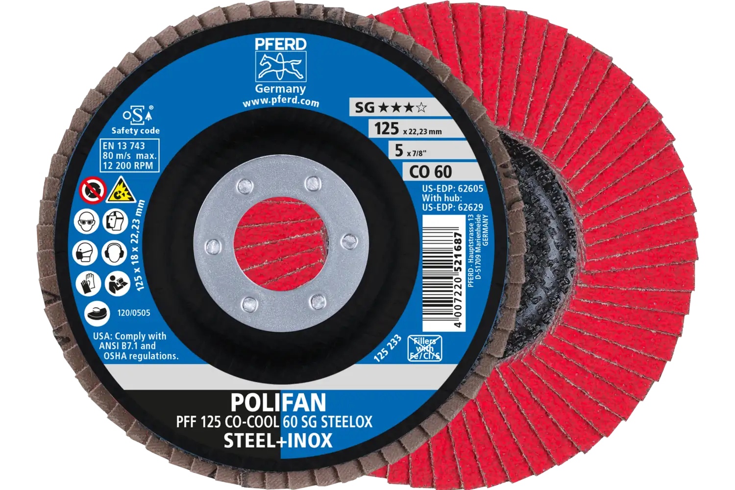 Picture of Pferd Flap Disc, 5" x 7/8, Co-Cool SG Steelox, 60 Grit, T27, Flat, Ceramic oxide
